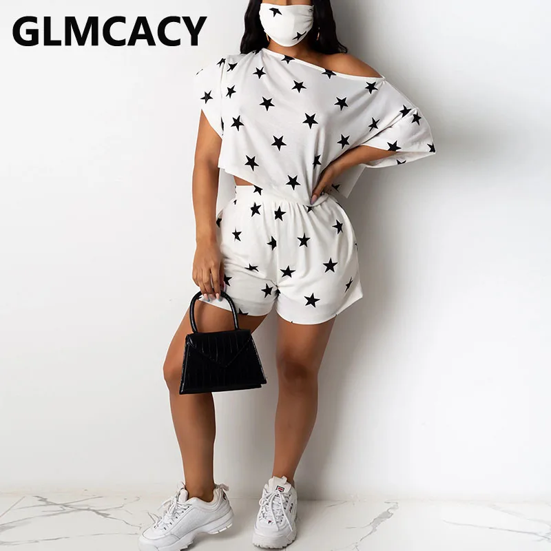 

2 Piece Matching Sets Star Printed Women Short Sleve Top T-shirt & Elastic Waist Short Lounge Suit