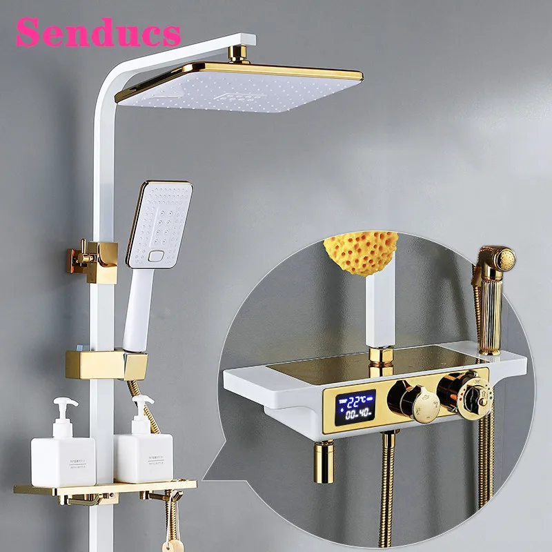

Bathroom Shower System Senducs White Gold Thermostatic Bath Shower Set Quality Brass Bathtub Faucets Digital Shower Mixer Sets