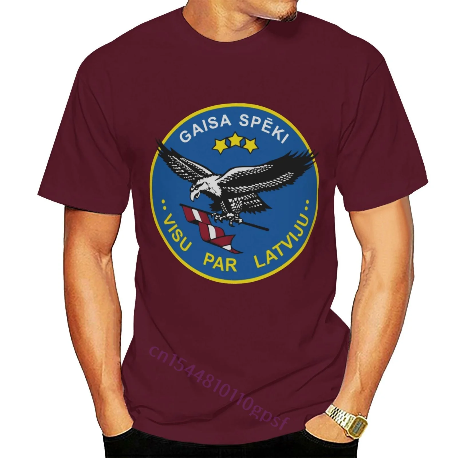 

T-Shirt Cotton Tee Shirt Emblem Of The Latvian Air Force Burgundy Men'S Short Sleeve O-Neck Summer Tops Tees T Shirt