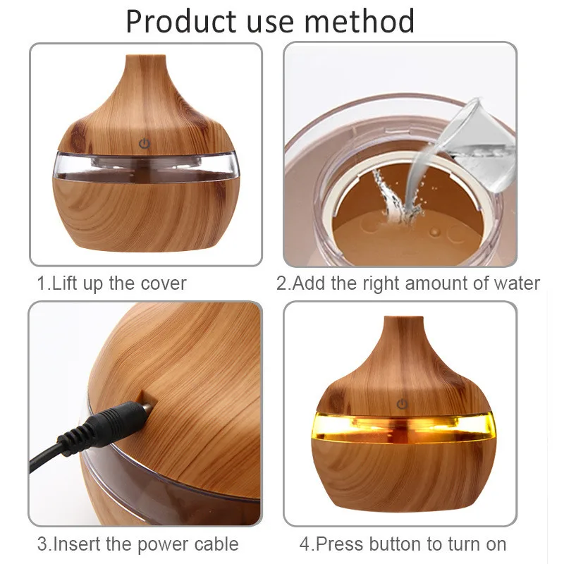

Air Humidifier Essential Aroma Essential Oil Diffuser Household 300ml USB Mini Wood Grain Mist Maker with 7 Color LED Light Gift