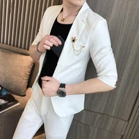 6 clors half sleeve men wedding suit summer male slim fit suits for men business formal party skinny jacket with ankle pants