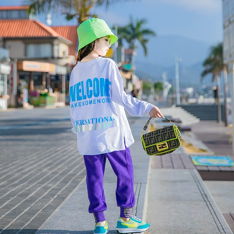 Girls Letter Long-sleeved T-shirt 2021 Spring Autumn Teenager Loose Sports Top Children's Bottoming Shirt