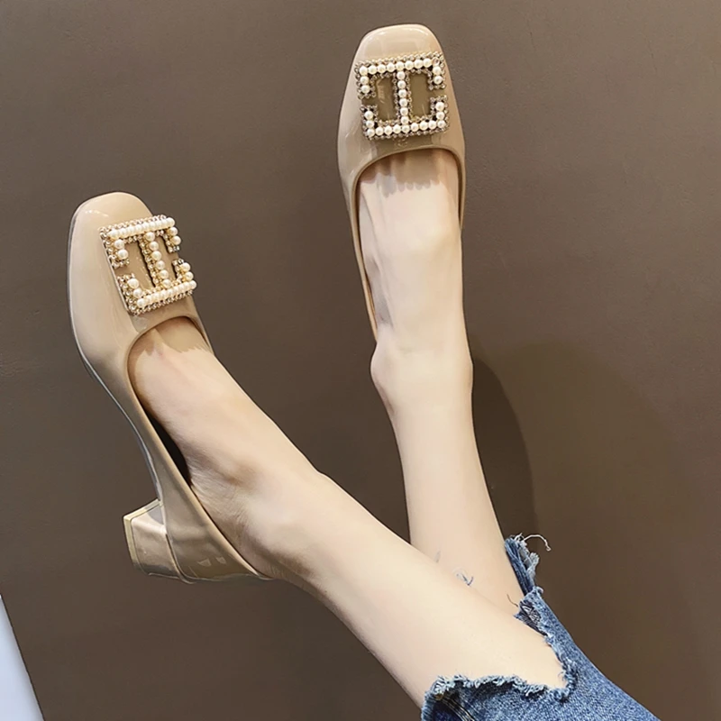 

Crrcrrcrr Female Shallow Spring Mature Slip-on Dress Solid Pearl Classics Shoes Ladies Soft Metal Decoration Loafers Square Heel