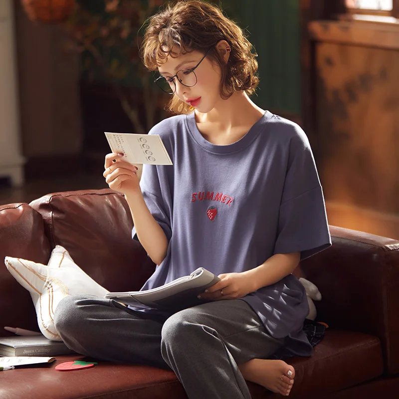 Женская летняя Хлопковая пижама с коротким рукавом и длинными брюками | одежда