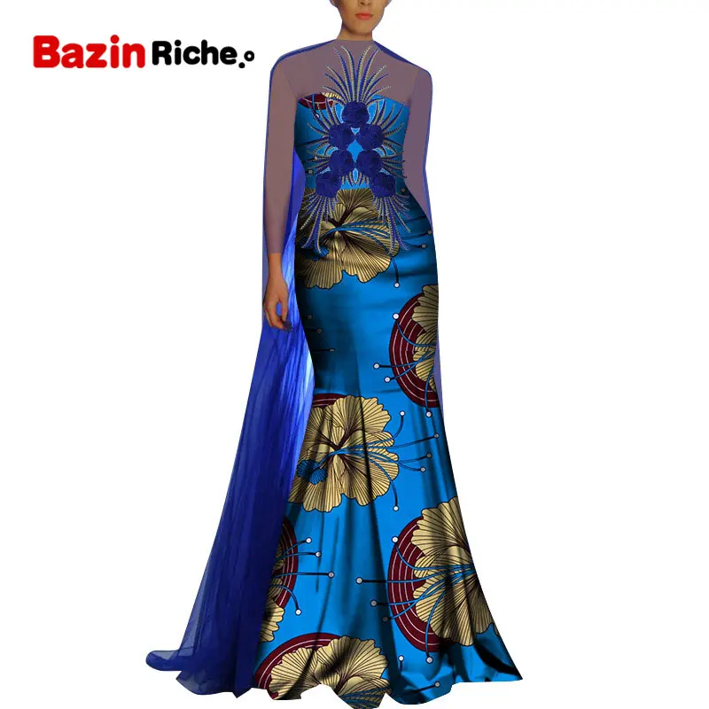 African Dresses for Women Party Wedding Fashion Blue Chiffon Patchwork With Appliques WY8711