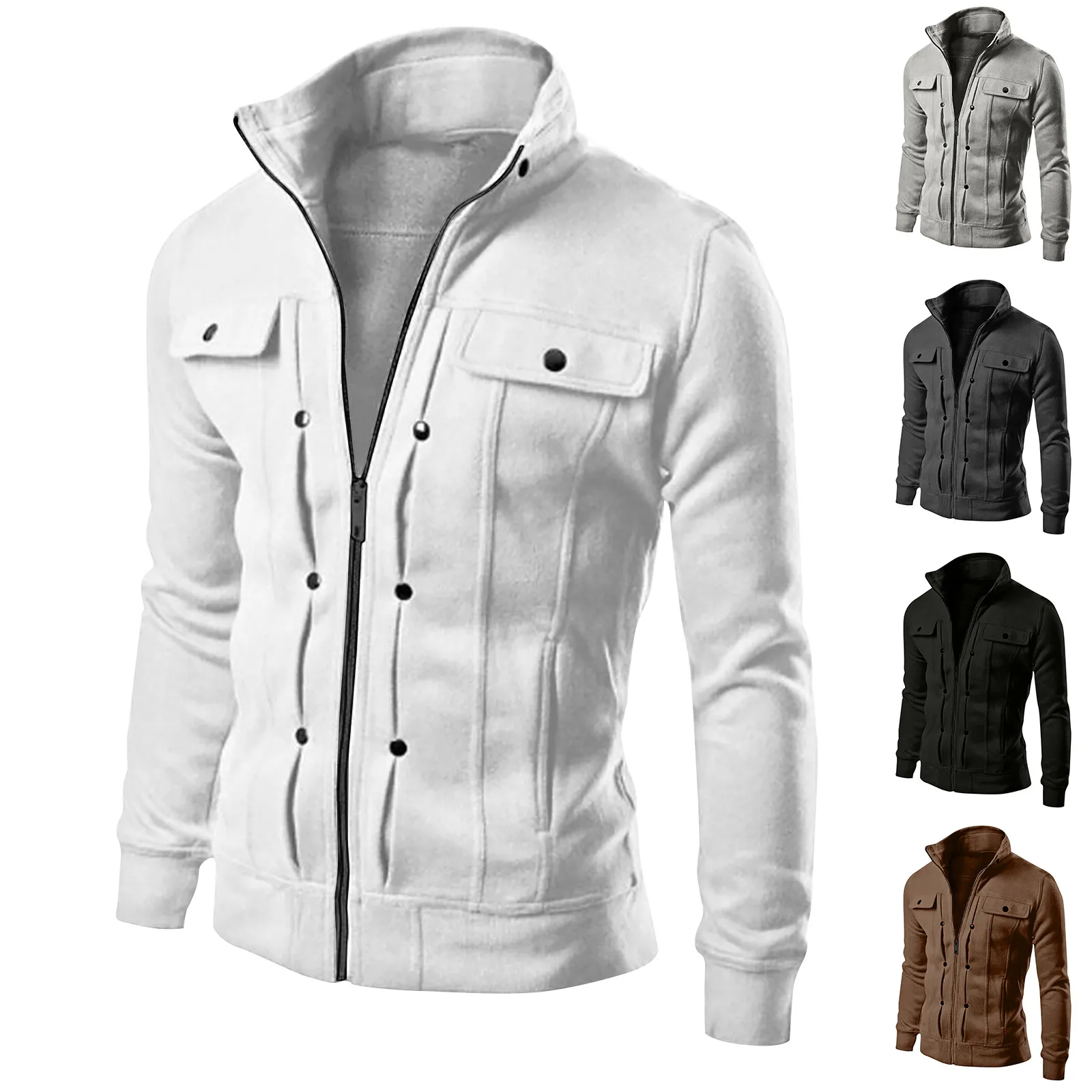 

Men's Jacket Zipper Button Coat Spring Autumn Stand Collar Decorated Sweatshirt Motorcycle Windproof Warm Jackets 2021 New