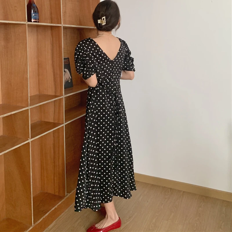 

New 2021 Women Summer Dresses V-Neck Lace Up Backless High Waist Polka Dot Vintage Korean Lady Long Dresses Dropshipping