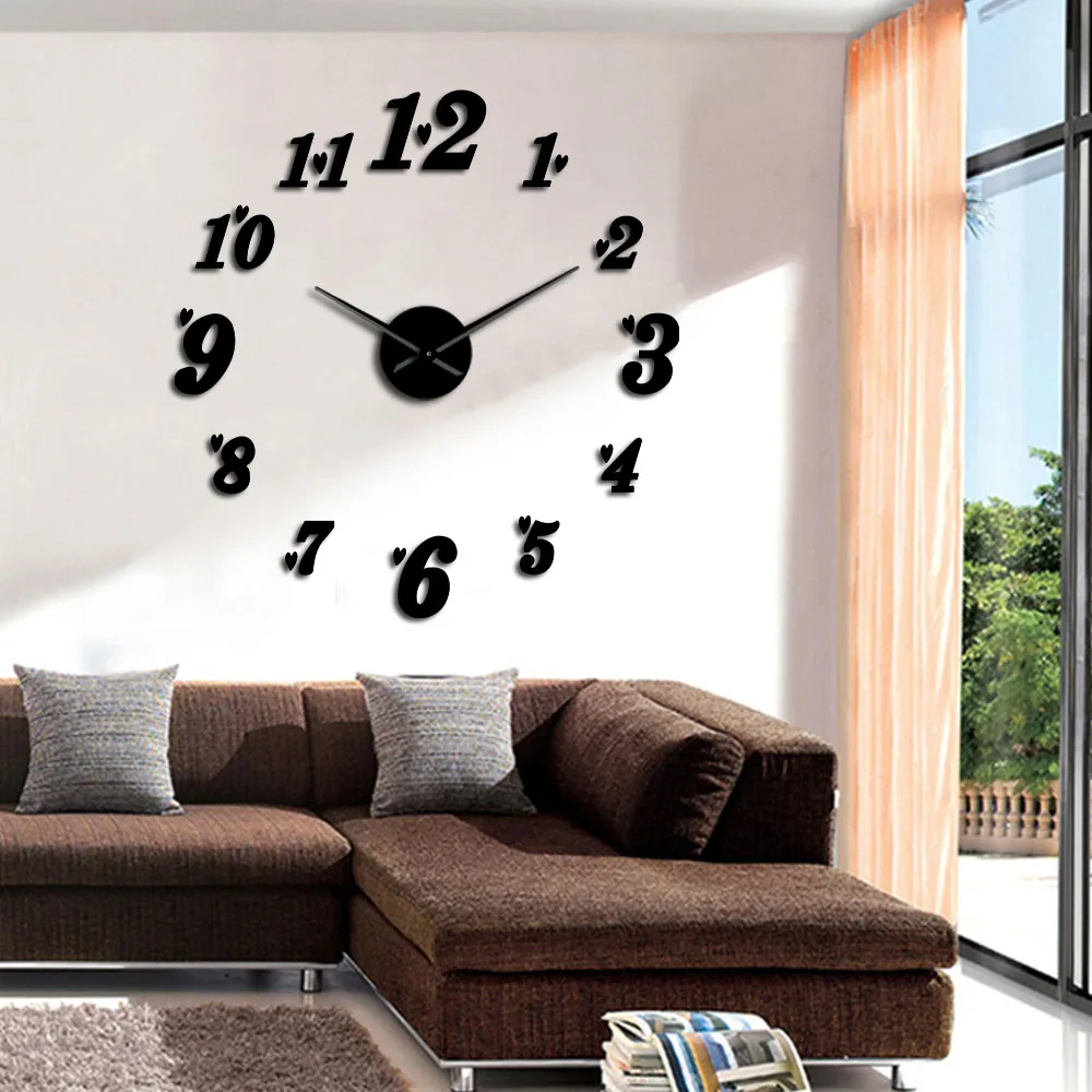 DIY Big Wall Clock Acrylic Mirror Effect Arabia Numbers With Heart Stickers Cool Art Watch Living Room Decor | Дом и сад