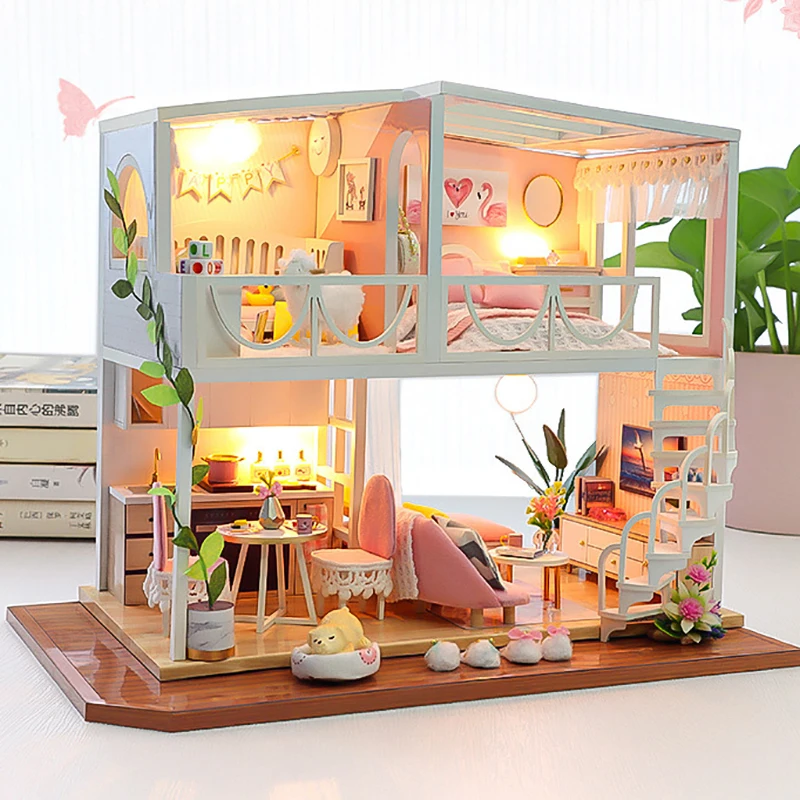 

DIY Wooden Casa Dollhouse Kits Assembled Miniature Furniture Princess Loft Light Doll House 2D Model Roombox Toy for Adult Gifts