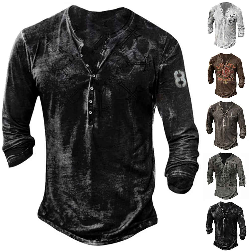 

Мужская свободная футболка с длинным рукавом, V-образным вырезом и пуговицами