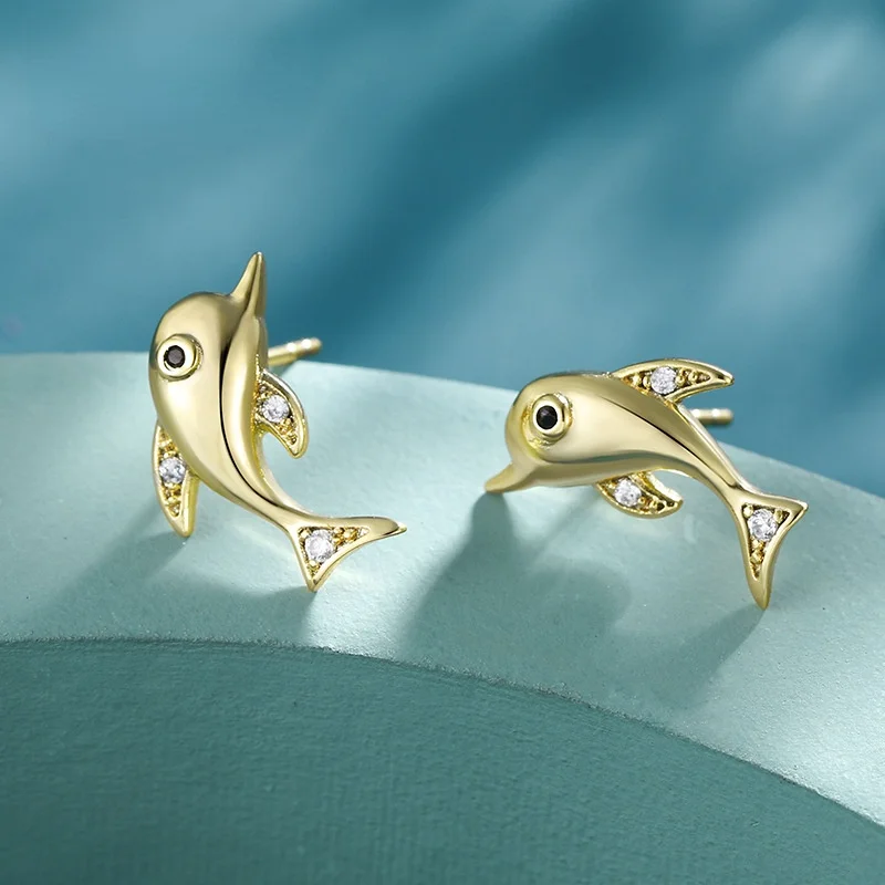 

14K Gold Color Earrings Cartoon Little Whale Gold-plated Zircon Earrings Cute Korean Style Net Red Earrings Wedding Bridal Gift
