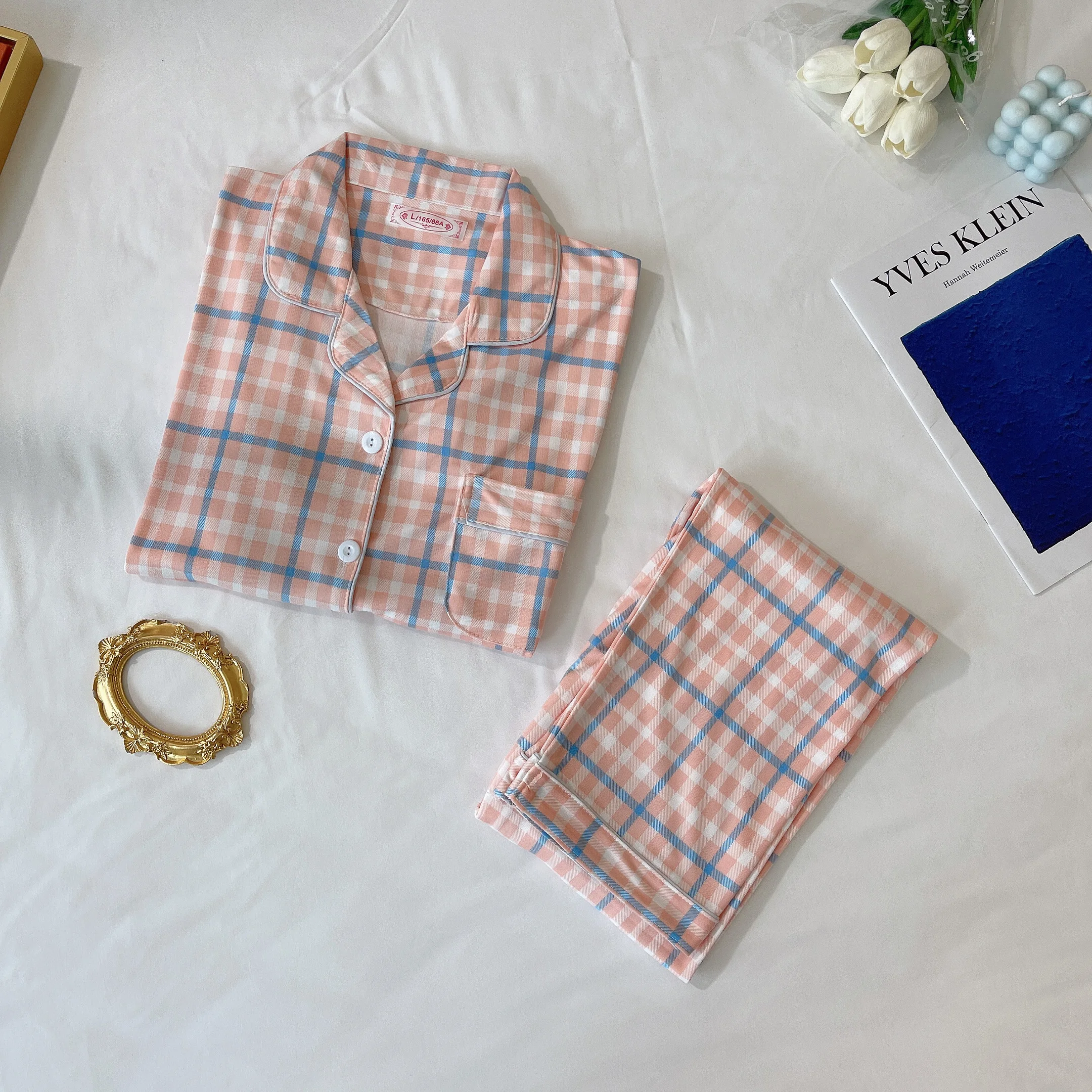 

Korean and Japanese Plaid Cardigan Pajamas for Women Short Sleeves Trousers Can Be Worn Outside The Student Home Suit Summer