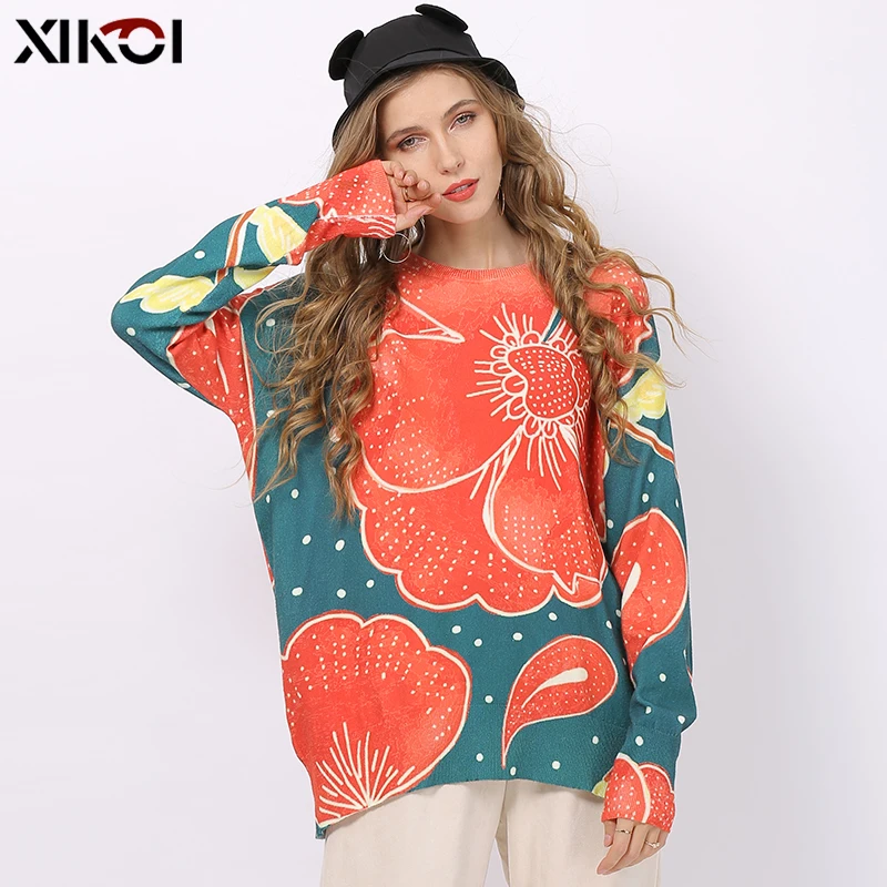 Свитер женский Зимний вязаный с круглым вырезом и принтом | Женская одежда
