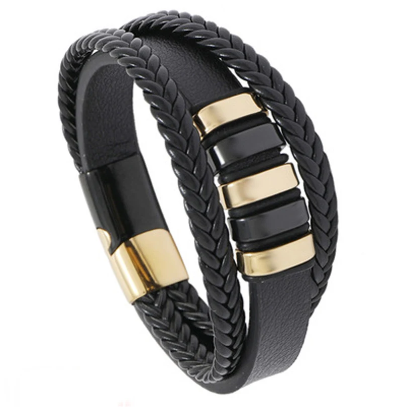 

New Style Hot sale personality all-match men's leather stainless steel braided punk PU bracelet jewelry