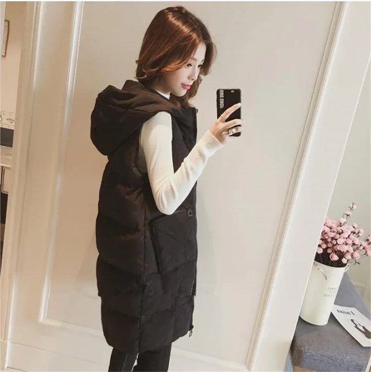

Autumn / Winter Women Vest Waistcoat Long Down Cotton Jacket Loose Oversize Bread Jacket Sleeveless Hooded Jacket with Pocket