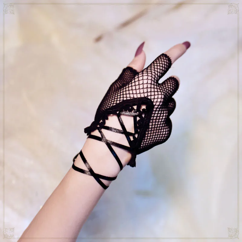

fishnet mesh lace wrist band fingerless glove mitt sexy batcave goth punk rock lolita harajuku stage party costume