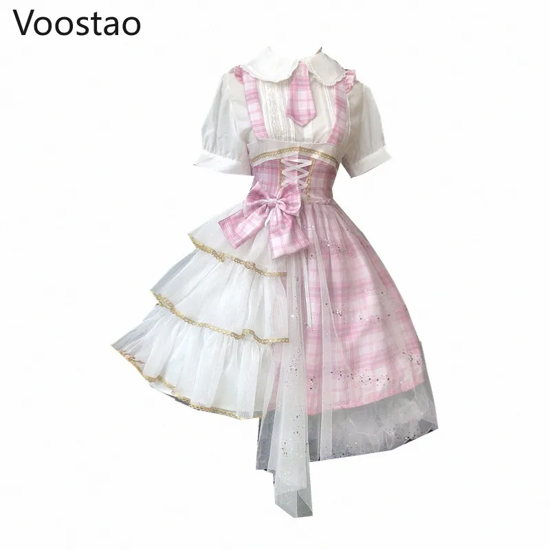 Платье Jsk женское в японском стиле милое розовое клетчатое фатиновое