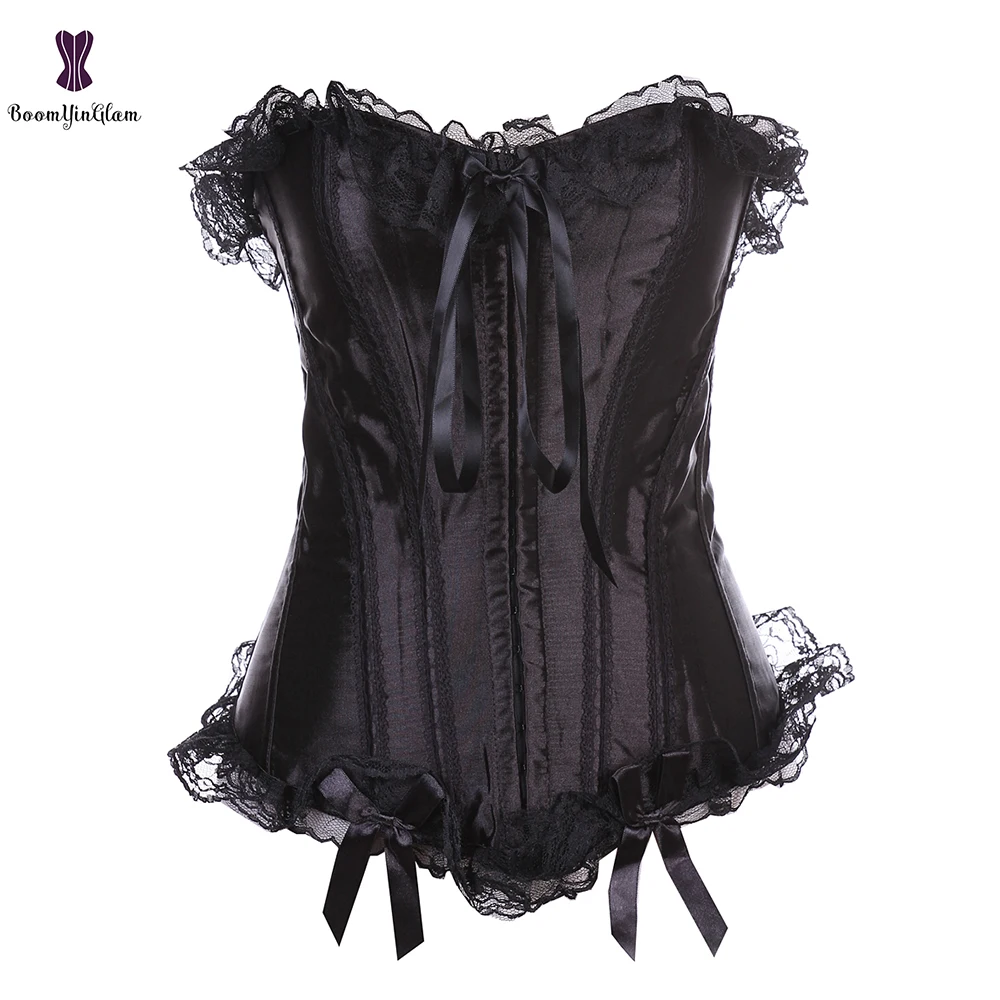 Атлас Черный корсет Overbust кружево Korset спереди крючки станок и глаза эластичные