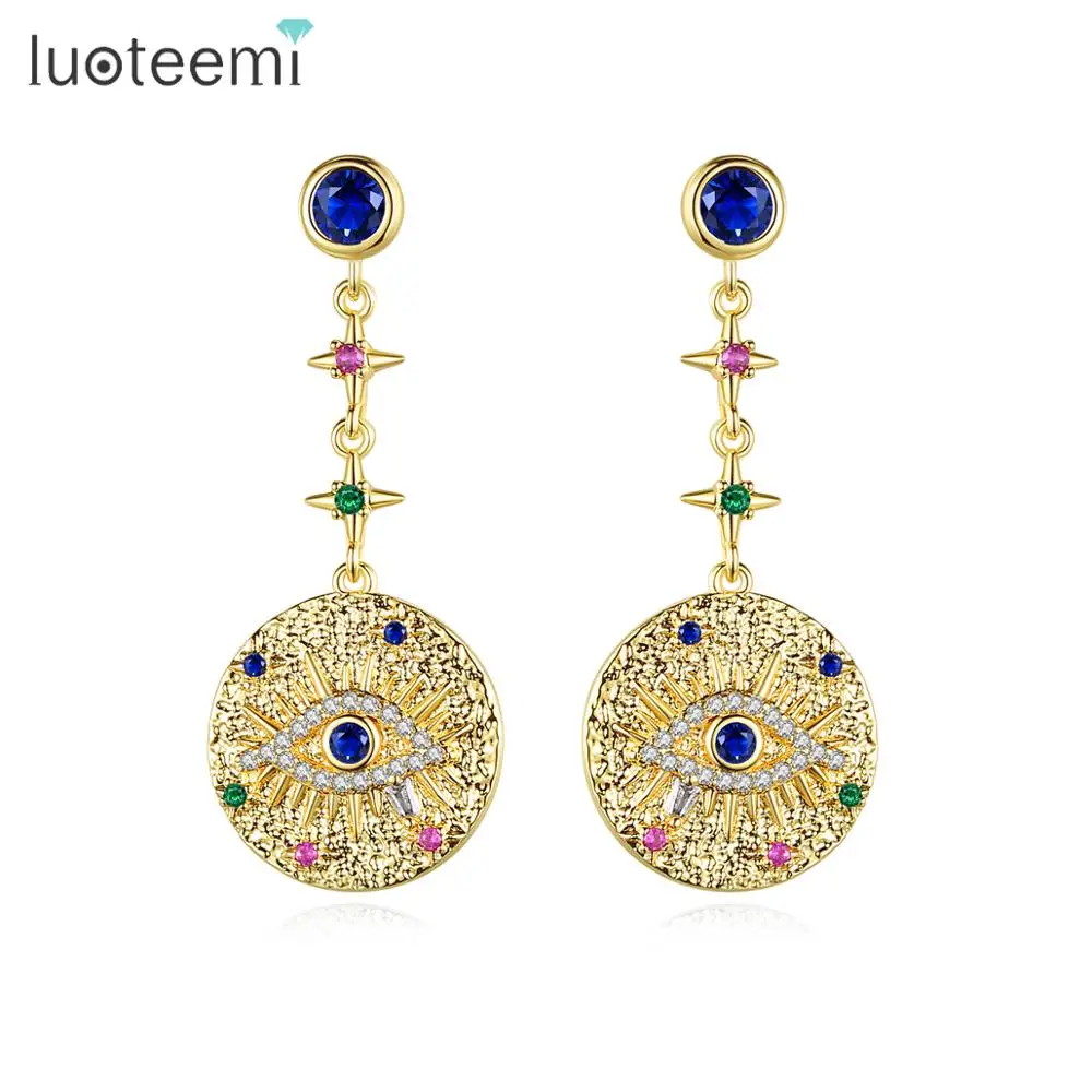 

LUOTEEMI Long Round Dangle Drop Earrings Multiple Rainbow Color Crystal CZ Stone Devil Evil Eyes with Stars Jewelry for Women