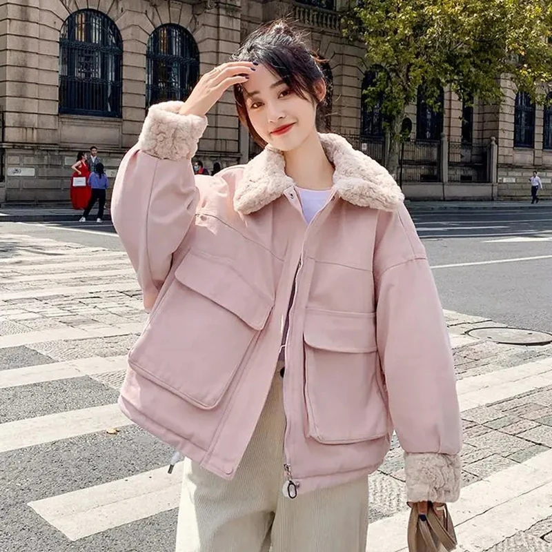 

Korean Short Lamb Wool Stitching Parkas Winter Turn Down Collar Thicker Warm Student Coat Women Casual Zipper Buckle Pocket Coat