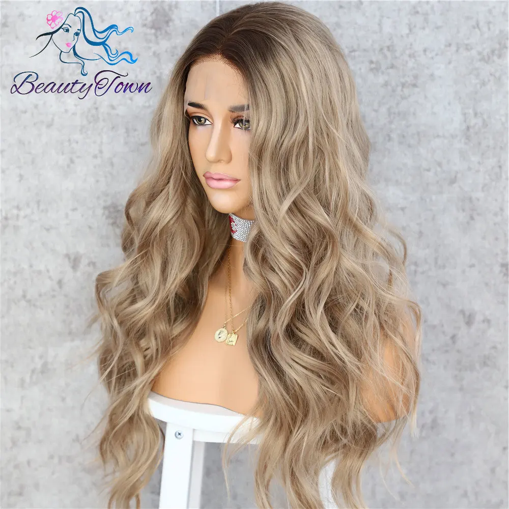 BeautyTown#8 Омбре Коричневый естественная волна термостойкие волосы для женщин Свадьба вечеринка Хэллоуин подарок Синтетические Кружева передние парики на каждый день
