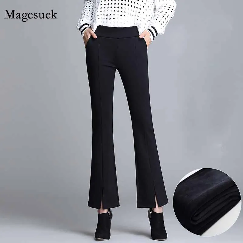 

New Korean Style Elastic Waist Thick Velvet Flare Pants Elegant High Waist Women Spring Winter Women Pockets Trousers 11531