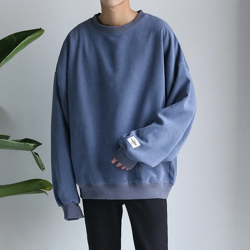 

QIWN Autumn Pullover Round Neck Sweater Men's Sweatshirt Loose Solid Color Long-sleeved Sweatshirt Oversize Sweatshirt