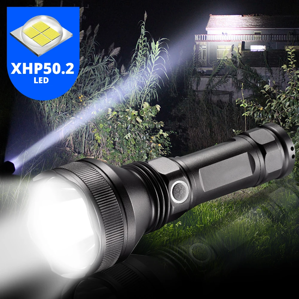 

Мощный тактический светодиодный фонарик XHP50.2, фонарик для самообороны, водонепроницаемый фонарик с USB-зарядкой и аккумулятором 18650 или 26650