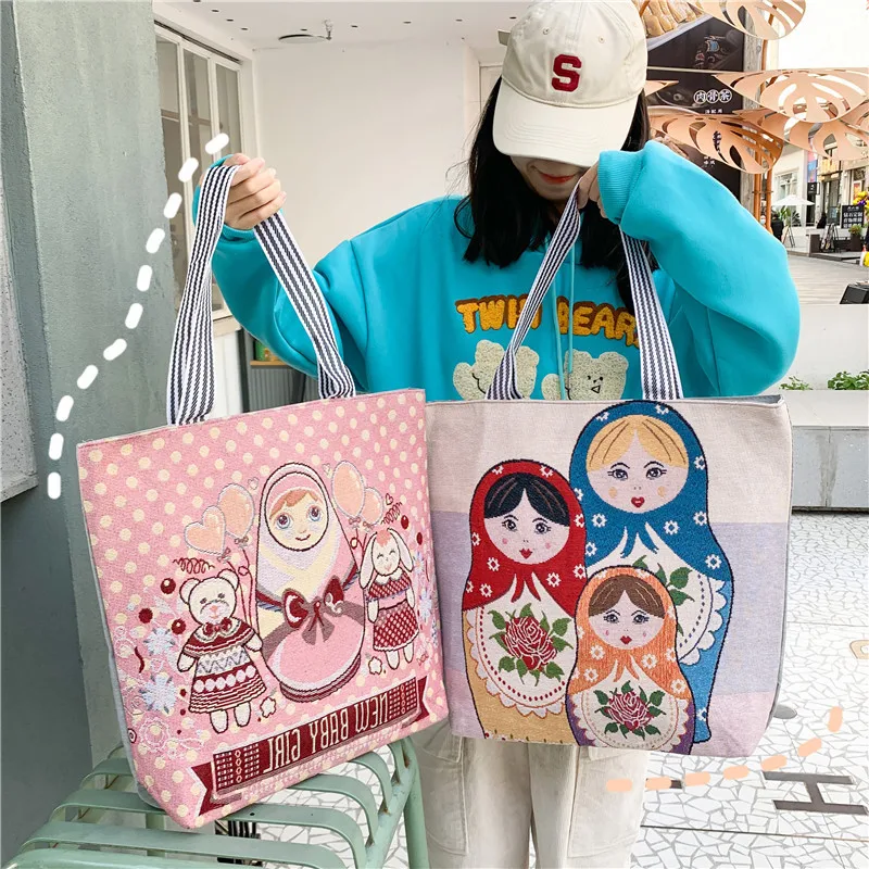 

Fashion Print Shoulder Bag Reusable Shopping Bags Summer Canvas Bag Large Capacity Wild Messenger Bag Cute Fun Handbag