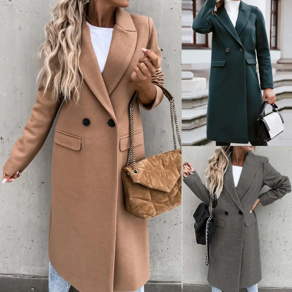 

Elegant Women Coat Cardigan Long Blazer Button Placket Warm Ladies Suit Collar Straight Style Coat