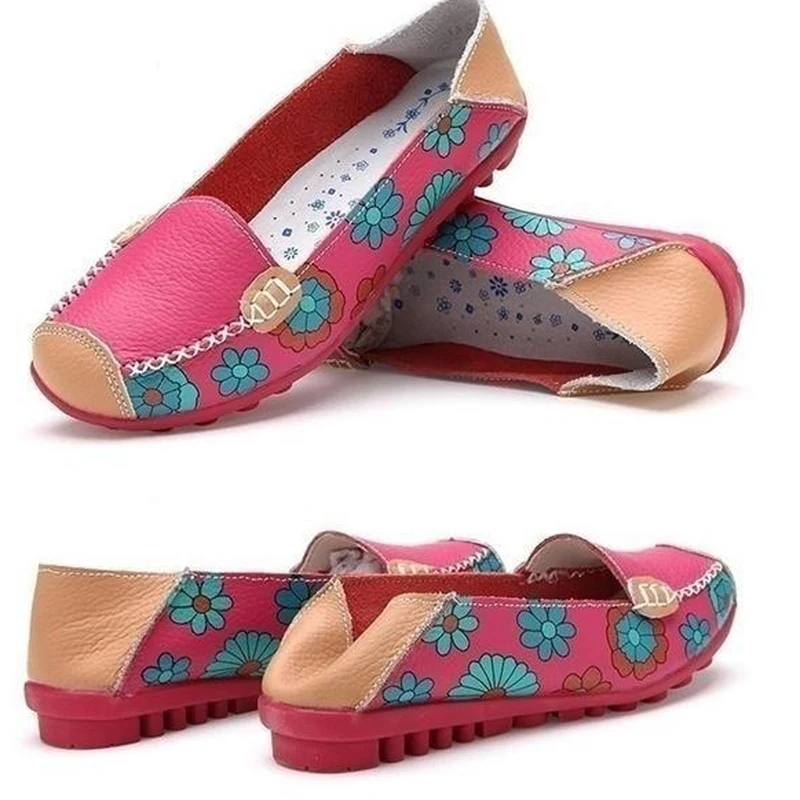 

Cow Muscle Ballet Summer Flower Print Women Genuine Leather Shoes Woman Flat Flexible Nurse Peas Loafer Flats Appliquesm uio