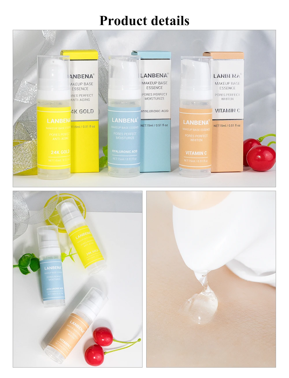 LANBENA основа для макияжа, эссенция, макияж, Праймер, сыворотка для лица, сужение пор, увлажняющая, отбеливающая, против старения, контроль жирности, уход за кожей, 15 мл