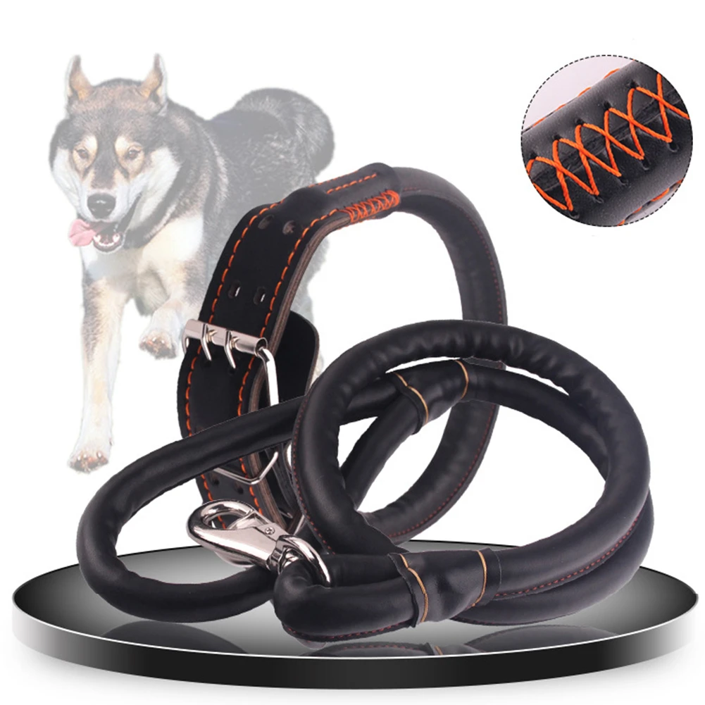 

Large Dog Collar Leashes Pet Harness Leash Set Doggy Outdoor Walking Traction Rope PU Leather Labrador P Chain Chest Strap