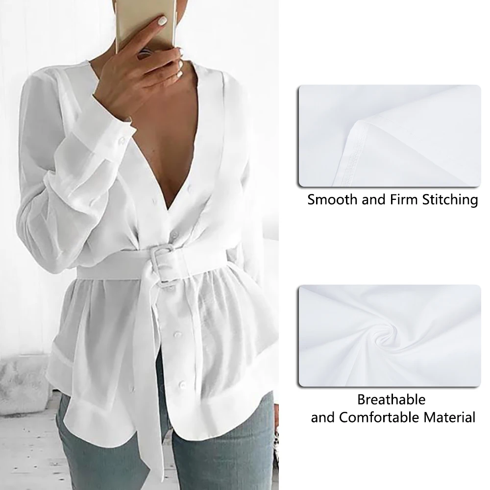 WENYUJH 2019 Женская туника с поясом рубашка блузка летняя длинный рукав баска