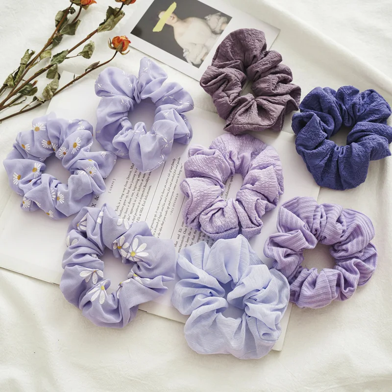

Chiffon Purple Color Scrunchies Elastic Hair Bands For Women Daisy Flower Pattern Hair Accessories Ponytail Holder Hair Ties