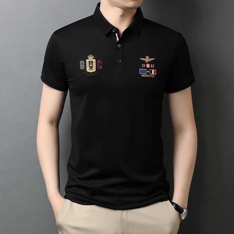 

Embroidery Logo POLO Shirts Men Summer Short Sleeve Business Polo Fashion Slim Streetwear Social Lapel Tee Tops Male Clothing