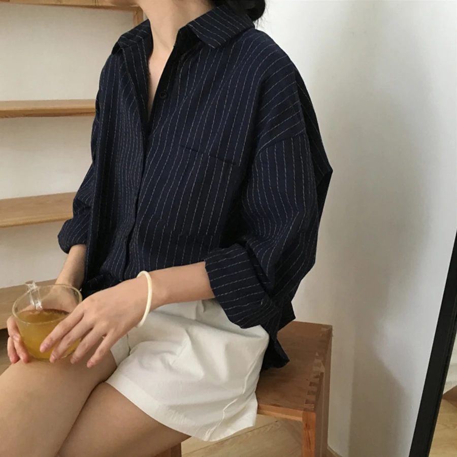 Женские Полосатые блузки Harajuku рубашки с длинным рукавом и отложным воротником