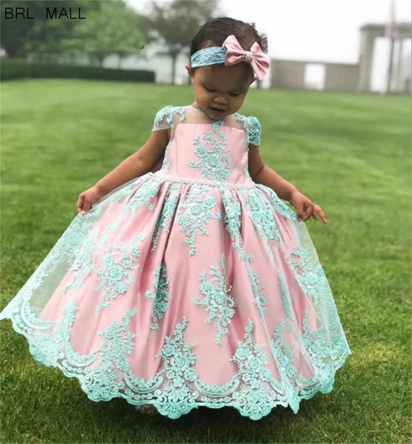 

Pink Satin Glitz Flower Girl Dresses For Weddings 2020 Grey Appliques Lace Little Kids Formal Party Gowns girls pageant dress