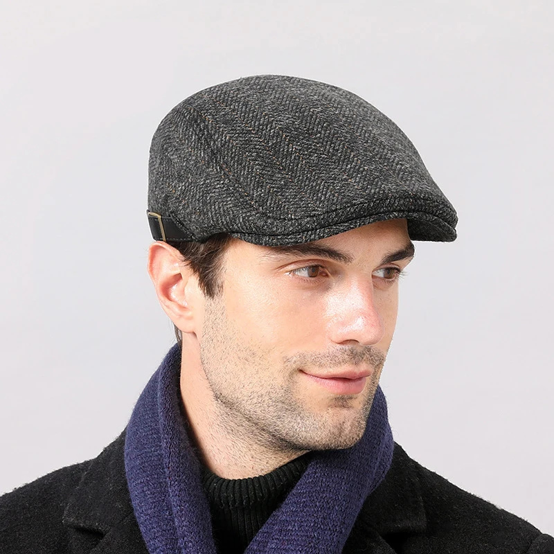 

Peaked Cap Men High Quality Autumn Winter Wool Beret Cap Striped Ivy Newsboy Flat Cap Artist Painter Hat Male Adjustable