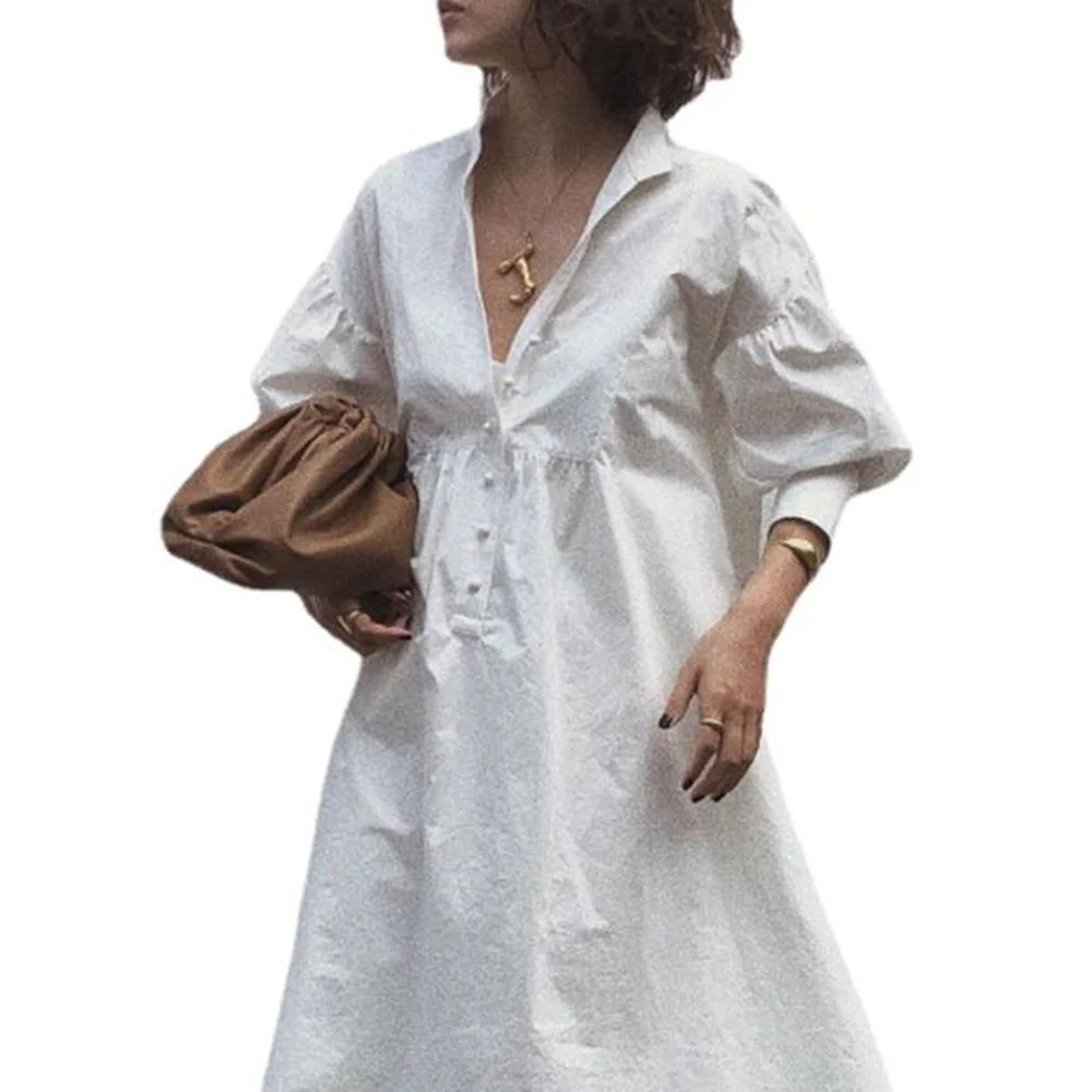 

2021 Summer New Japanese Style Temperament Loose All-match Solid Color V-neck Lantern Sleeve Women's Dress Casual Oversize