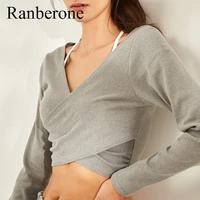 ranberone yoga workout clothes women crop top v neck casual breathable running long sleeve quick drying female t shirt