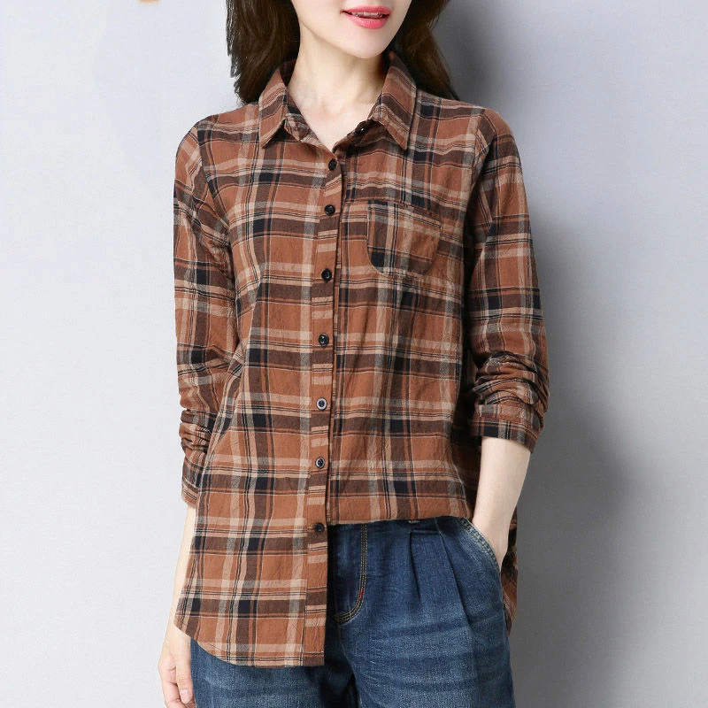 New Arrival Spring Autumn Women Long Sleeve Loose Shirt Plus Size Casual Plaid Turn-down Collar Blouse Cotton Ladies Tops S569 | Женская