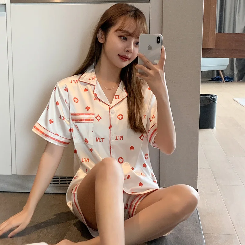 2021 New Summer Ice Silk Couple Pajamas Suit Short Sleeve Shorts Sleepwear Women's Homewear Female Nightwear Sleeping Wear