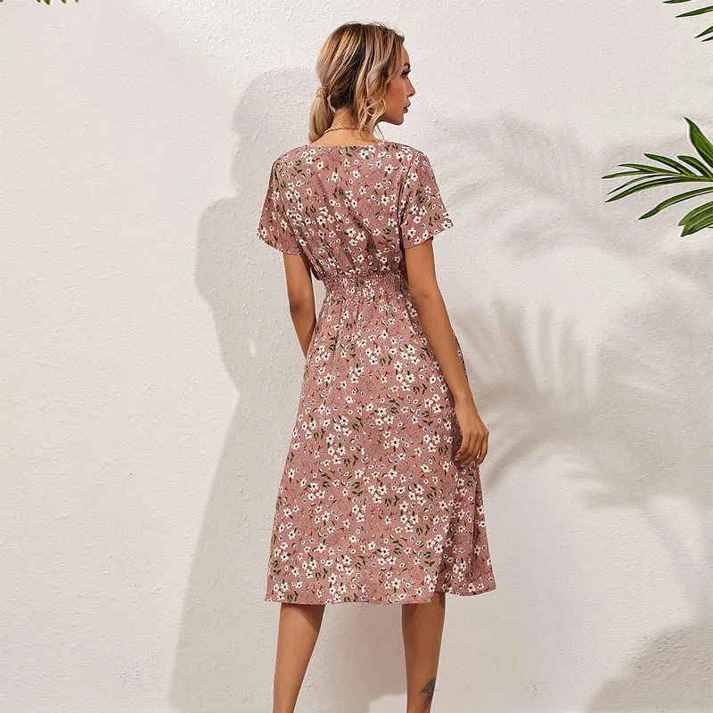 

Yellow Vintage Floral Print Women Summer Dress 2021 Casual V-neck Short Sleeve A-line Chiffon Beach Midi Dresses Vestidos