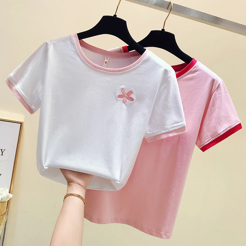 

shooting 9035 short sleeve T-shirt female ins in the summer of 2021 minus age embroidery small flower students coat