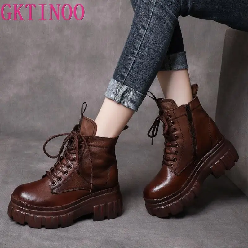 GKTINOO Women's Genuine Leather Ankle Boots Women Autumn Winter Lace Up Women Punk Boots Flat Ladies Shoes Woman Botas Mujer