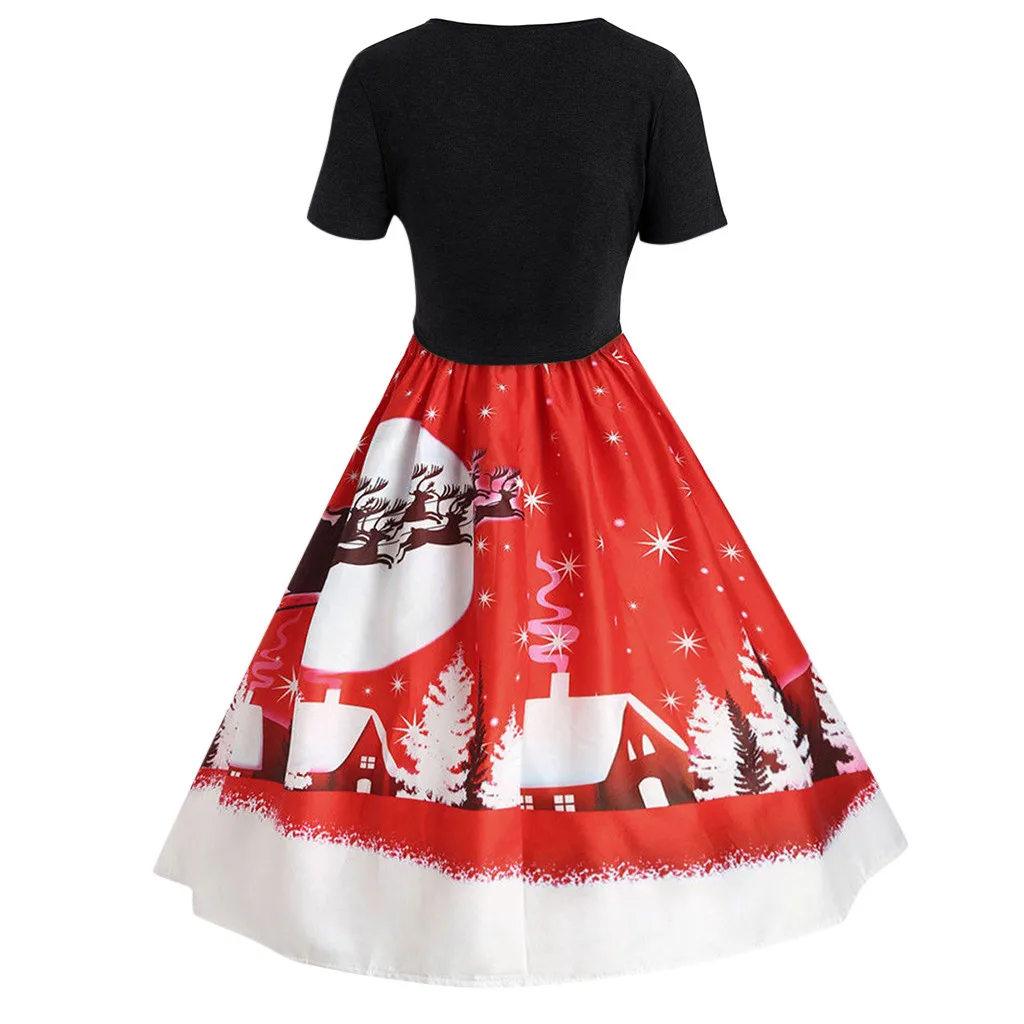 Autumn Elegant high waist dresses Christmas Printed Dress For Women Vintage Short Sleeve Bow Knot A-Line Swing Dress Suit