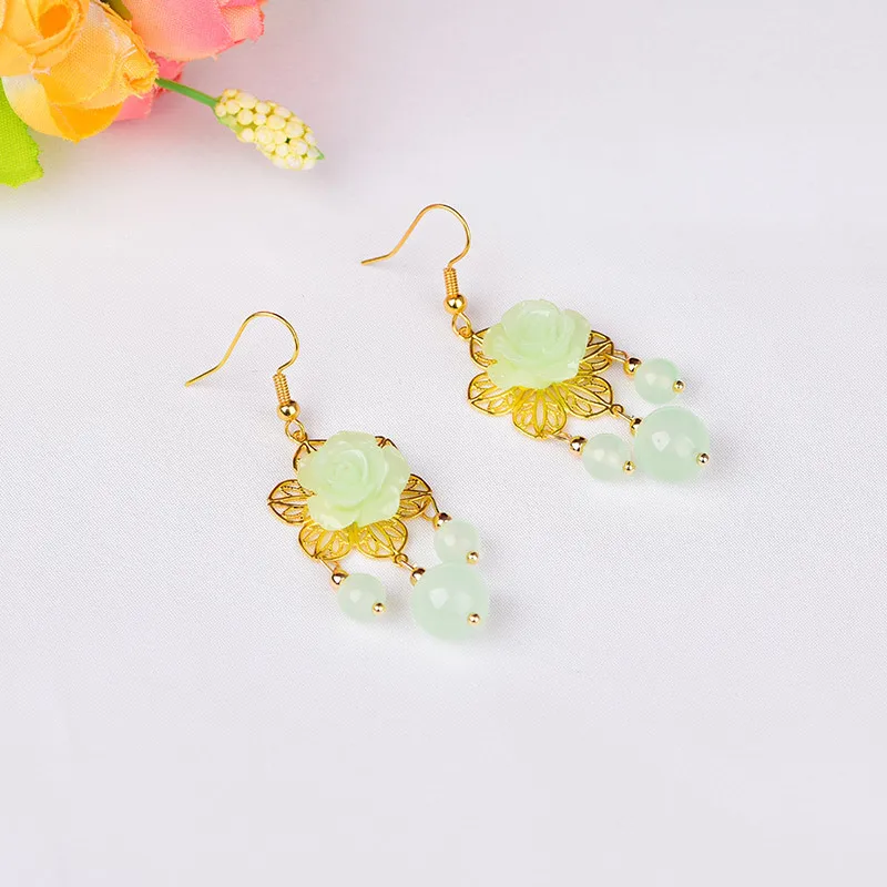 Серьги-подвески с нефритовыми цветами Амулет из халцедона и агата модный