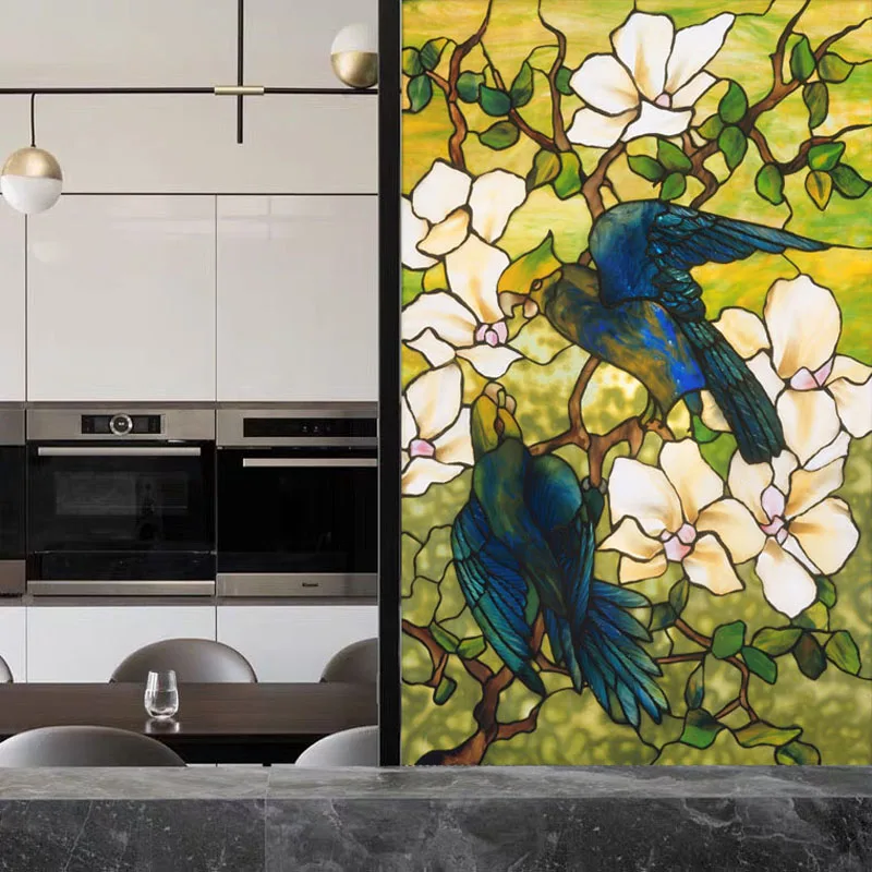 European Church Tiffany Style Glass Film Stained Window Films Opaque Static Cling Privacy Custom Size Stickers Hibiscus Parrots | Дом и сад