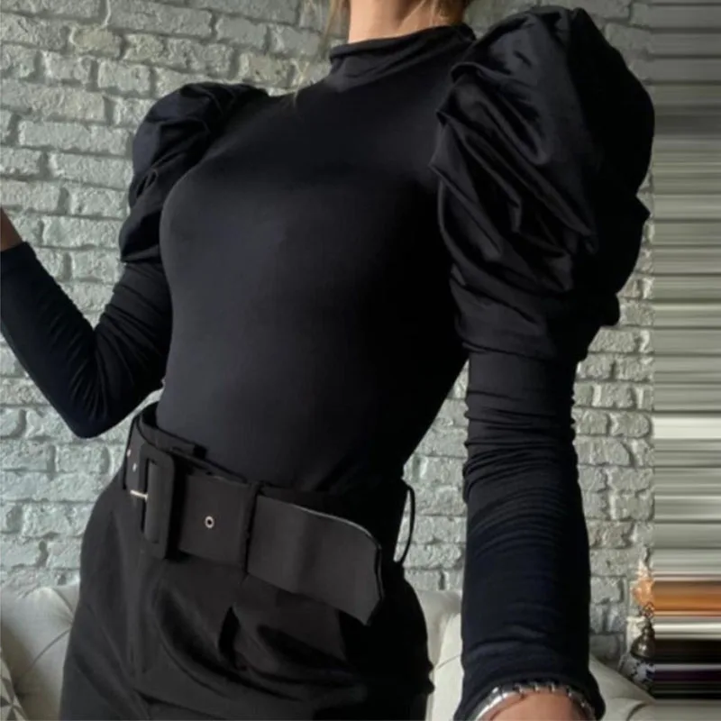 

2021 Vintage Puff Sleeve Office Lady Shirt Elegant Half-Turtleneck Solid Tops Pullover Women Spring Slim Fit Draped Blouse Blusa